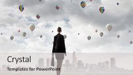  Presentation with disaster - Presentation enhanced with rebuilding disaster - rear view of businesswoman looking background and a light gray colored foreground