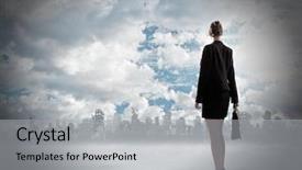  Presentation with disaster - Amazing presentation theme having rebuilding disaster - rear view of businesswoman looking backdrop and a light gray colored foreground