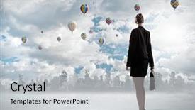  Presentation with disaster - Presentation theme with rebuilding disaster - rear view of businesswoman looking background and a light gray colored foreground