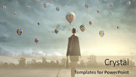  Presentation with city - PPT theme enhanced with rebuilding disaster - rear view of businesswoman looking background and a coral colored foreground