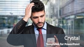  Presentation with phone - PPT theme having recall - portrait of a worried man background and a ocean colored foreground
