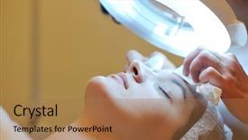  Presentation with beauty cosmetic - Slide deck having receivables process - young beautiful woman receiving cosmetic background and a coral colored foreground