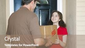  Presentation with man door - PPT layouts with receives package from friendly delivery background and a  colored foreground
