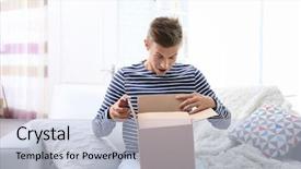  Presentation with 3d man sitting question mark - Amazing PPT theme having open box - young man sitting on sofa backdrop and a light blue colored foreground