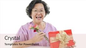  Presentation with senior asian - Presentation theme enhanced with receiving gift box and carnation background and a coral colored foreground