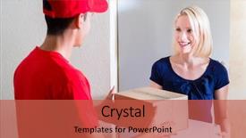  Presentation with man door - Beautiful PPT layouts featuring receiving the boxes from delivery backdrop and a red colored foreground