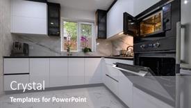  Presentation with kitchen - Presentation theme having recently-renovated-kitchen-with-sleek background and a gray colored foreground
