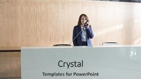  Presentation with receptionist - Audience pleasing presentation theme consisting of reception - receptionist talking on telephone backdrop and a light gray colored foreground