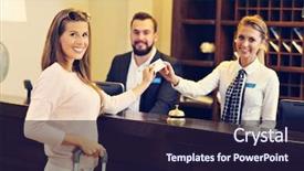  Presentation with hotel - Slide deck featuring reception - woman at counter in hotel background and a wine colored foreground