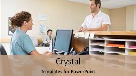  Presentation with desk - Amazing presentation theme having modern room design interior with wooden screen backdrop and a light gray colored foreground