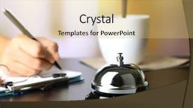  Presentation with hospitality hotel reception female receptionist - Cool new slide set with reception desk on bright background backdrop and a yellow colored foreground