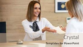  Presentation with front desk - Slide deck featuring receptionist-and-businesswoman-at-hotel background and a soft green colored foreground