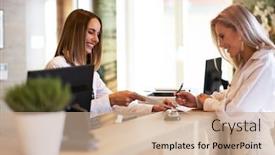  Presentation with receptionist - Cool new PPT theme with receptionist-and-businesswoman-at-hotel backdrop and a coral colored foreground