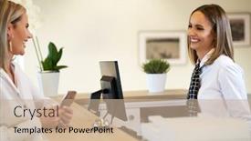  Presentation with front desk - Audience pleasing PPT layouts consisting of receptionist-and-businesswoman-at-hotel backdrop and a coral colored foreground