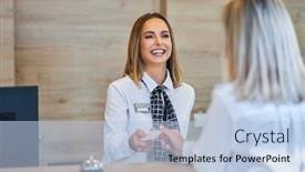  Presentation with front desk - PPT layouts enhanced with receptionist-and-businesswoman-at-hotel background and a light blue colored foreground