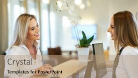  Presentation with front desk - Theme having receptionist-and-businesswoman-at-hotel background and a coral colored foreground