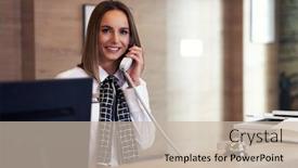  Presentation with hotel front office - Theme having receptionist-answering-phone-at-hotel background and a mint green colored foreground