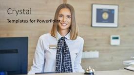  Presentation with receptionist - Colorful slide deck enhanced with receptionist-at-hotel-front-desk backdrop and a coral colored foreground