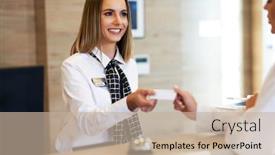  Presentation with hotel key - Slides with receptionist-giving-key-card background and a mint green colored foreground