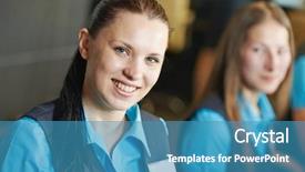  Presentation with help desk - Slide deck consisting of receptionist or support help desk background and a teal colored foreground