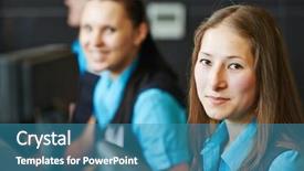  Presentation with help desk - Colorful PPT layouts enhanced with receptionist or support help desk backdrop and a  colored foreground