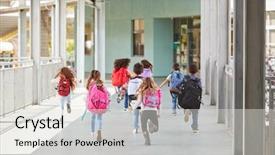  Presentation with school elementary - PPT theme with recession - elementary school kids run background and a light gray colored foreground