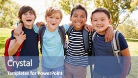  Presentation with school trip - Slide deck consisting of recession - four young smiling schoolboys hanging background and a ocean colored foreground