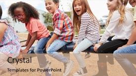  Presentation with kids playing - Slide deck featuring recession - kids playing on a spinning background and a coral colored foreground