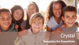  Presentation with school kids - Slide deck featuring recession time - elementary school kids smiling background and a coral colored foreground