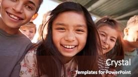  Presentation with smiling kids at summer camp - Slide deck with recession time - elementary school kids smiling background and a tawny brown colored foreground