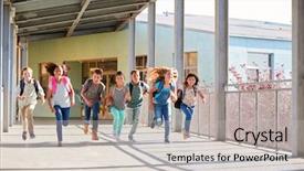  Presentation with school elementary - Colorful slide deck enhanced with recession time - group of elementary school kids backdrop and a light gray colored foreground