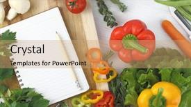  Presentation with note book - PPT theme enhanced with recipe book for healthy cooking background and a coral colored foreground