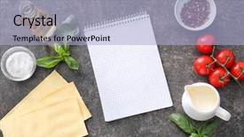  Presentation with meat - Slide deck featuring recipe sheet - ingredients for cooking meat lasagna background and a  colored foreground