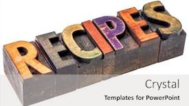  Presentation with color blocks - Colorful slide set enhanced with recipes banner - isolated text in vintage letterpress wood type blocks stained by color inks backdrop and a light gray colored foreground