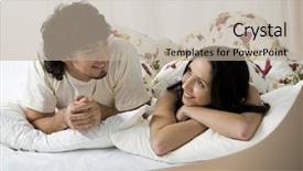  Presentation with bed - Slide deck having reciprocal relationship - young laughing couple lying background and a mint green colored foreground
