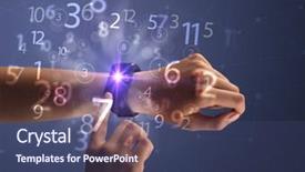  Presentation with people hold hand around globe - PPT theme enhanced with reckoner - close up female naked hand background and a ocean colored foreground