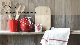  Presentation with cooking utensils - Slide deck consisting of shelf on a rustic wood background and a coral colored foreground