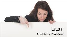  Presentation with kanban board - Presentation theme having reclamation - young brunette woman holding white background and a sky blue colored foreground