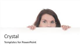  Presentation with advertisement - Slide deck consisting of reclamation - young brunette woman holding white background and a white colored foreground