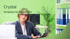  Presentation with financial - Colorful slide deck enhanced with reconcile - female financial manager working backdrop and a  colored foreground