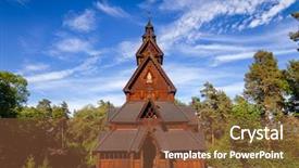  Presentation with church history - Colorful theme enhanced with reconstructed wooden gol stave church backdrop and a tawny brown colored foreground
