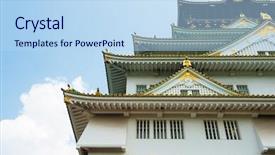  Presentation with japan castle - Presentation design featuring reconstruction of a great castle of famous hideyoshi at osaka japan background and a light blue colored foreground