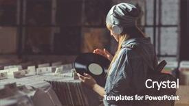  Presentation with music headphones - Presentation theme consisting of record - young girl listening to music background and a dark gray colored foreground