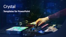  Presentation with music audio enthusiasts - PPT layouts having record celebration - hand remixing music on midi background and a navy blue colored foreground