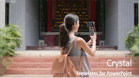  Presentation with chinese temple - Presentation theme featuring record celebration - woman taking video with camera background and a coral colored foreground