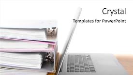  Presentation with table napkin folding - Presentation theme having record management - laptop with stack of folders background and a white colored foreground