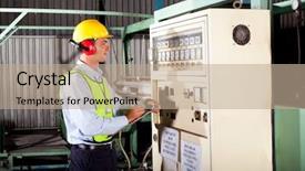  Presentation with industrial machine - Slides enhanced with record management - male industrial technician writing down background and a  colored foreground