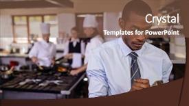  Presentation with hotel kitchen - PPT theme enhanced with record management - male manager writing background and a tawny brown colored foreground