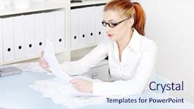  Presentation with files - Cool new presentation theme with record management - sitting caucasian woman sitting behind backdrop and a sky blue colored foreground