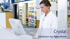  Presentation with record - Slide deck consisting of record through computer in pharmacy background and a sky blue colored foreground